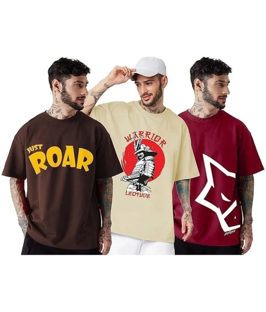 Leotude Cotton Blend Oversized Fit Printed Half Sleeves Mens T-Shirt - Brown ( Pack of 3 ) - None