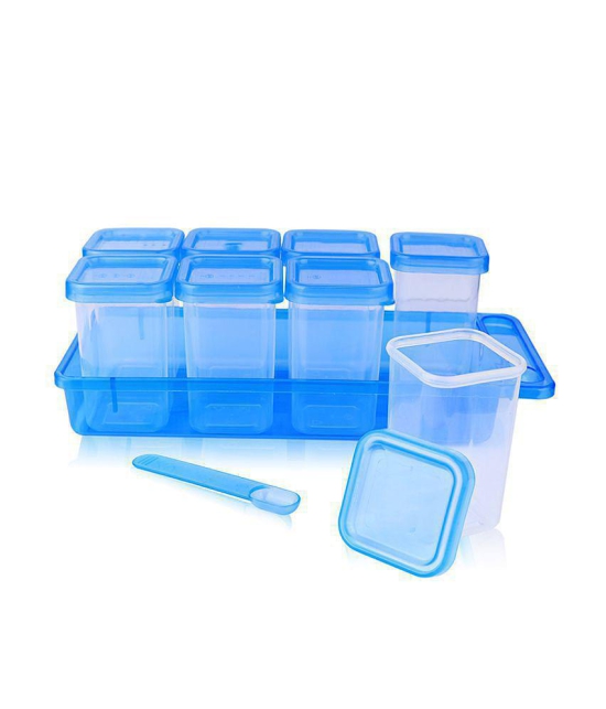 Gluman Mini Masala Container Set of 8 with Tray & Spoon (120ml each), Blue Color - Blue