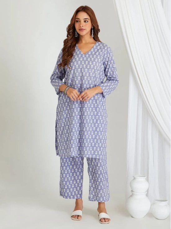 BREATHABLES Women Cotton Printed Loungewear Kurta and Pants Co-ord Set 3/4 Sleeve V Neck Comfort Loose Fit Lavender I Night Wear | Co-ord set | Lounge Wear Set