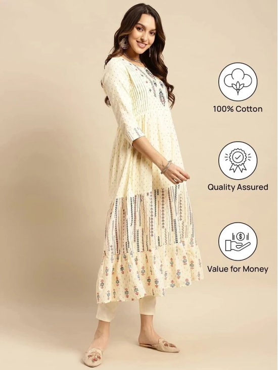 Rangita Women 100% Cotton Off White Yoke Embroidered Self Textured Calf Length Anarkali Kurti - None