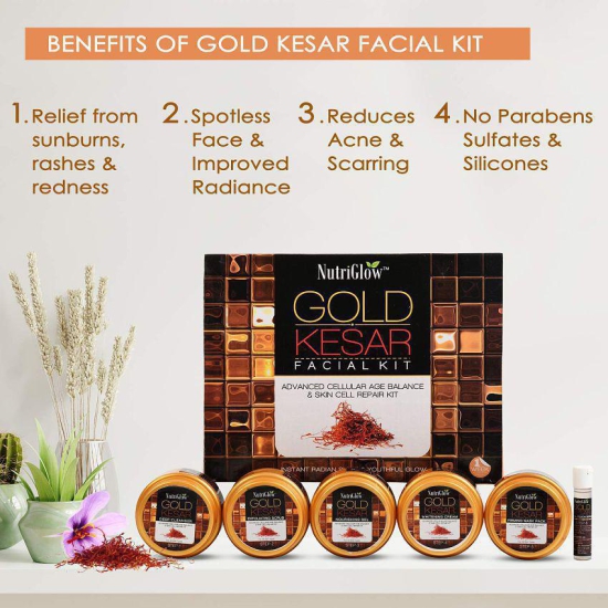 NutriGlow Gold Kesar Facial Kit (250gm + 10ml) with Bleach Cream (43gm) for Glowing Skin, Spotless & Hydrated Skin, Pack Of 3