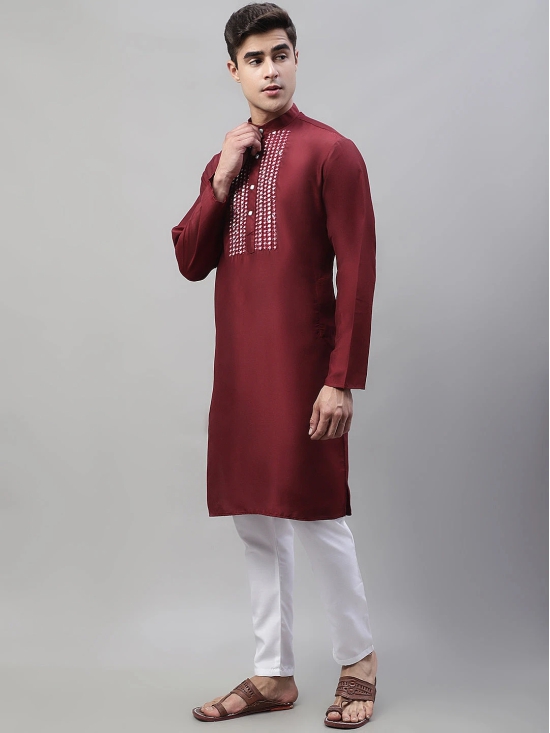 Mens Maroon Cotton Silk Mirror Work Kurta Pyjama-S / Maroon