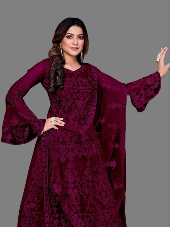 Apnisha Wine Flared Net Womens Semi Stitched Ethnic Gown ( Pack of 1 ) - None