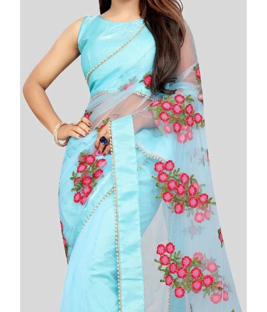 Gazal Fashions - SkyBlue Net Saree With Blouse Piece ( Pack of 1 ) - SkyBlue