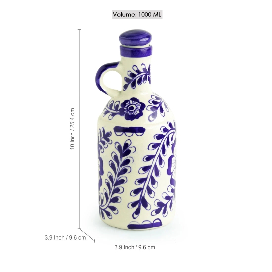 The Flowy Flora Mughal Handpainted Ink Blue Decorative Ceramic Oil Bottle (1000 ML)