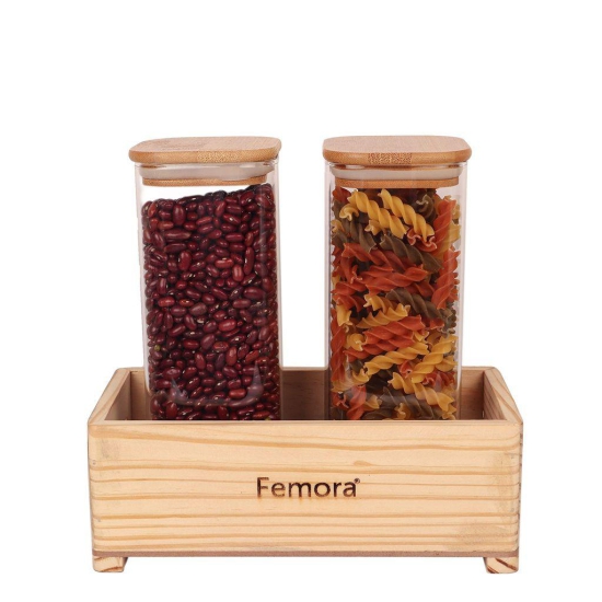 Femora Borosilicate Glass Jar 1000 ML, 2 pcs, with Wooden Tray