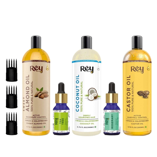 Rey Naturals Complete Hair Care Kit- Castor OilCoconut OilAlmond OilRosemary OilTeatree Oil-Rey Naturals Complete Hair Care Kit- Castor Oil+Coconut Oil+Almond Oil+Rosemary Oil+Teatree Oil