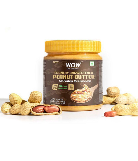 WOW Life Science Crunchy Unsweetened Peanut Butter - 500g