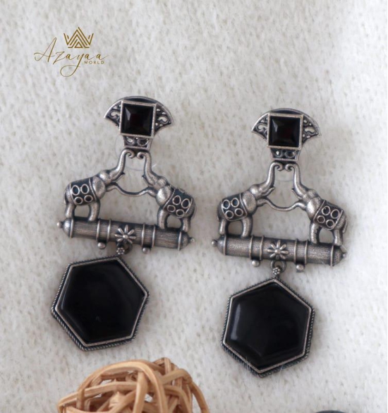 Azayaa World Black Elephant pair hexagon earring