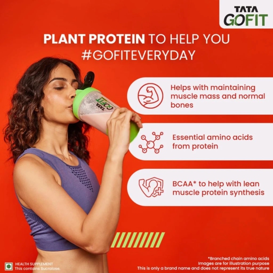 Tata Gofit Plant Protein Strength & Bones, Pea & Brown Rice Blend, 17 Vitamins, Minerals & Calcium, D2 & K2, Smooth Strawberry, No Soy, Lactose & Added Sugar, Amino Acids, Vegan, 500g