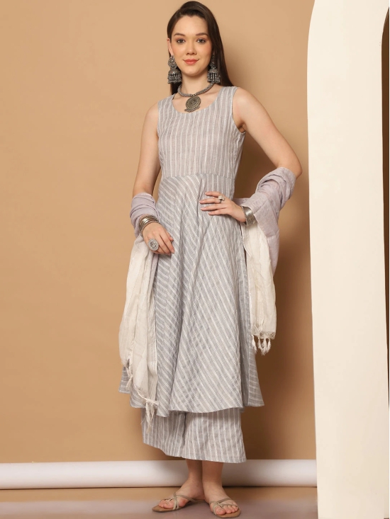 Women Grey Woven Design Flared Kurta with Palazzos & With Dupatta-L / Gray