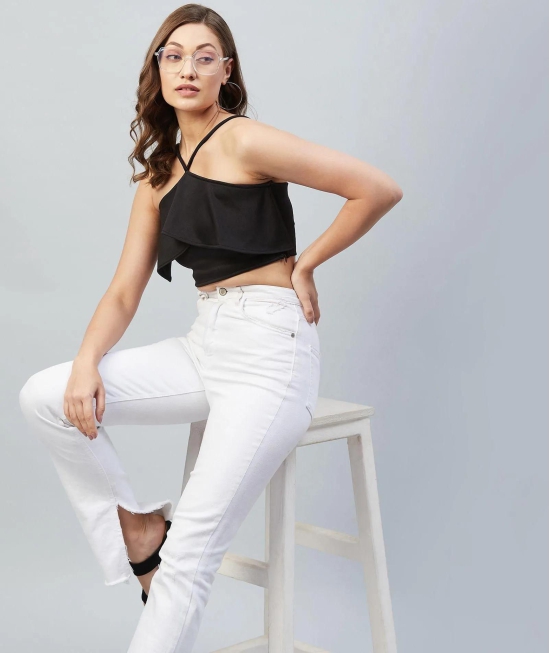 Womens Solid Tie Up Neck Black Crop Top-M