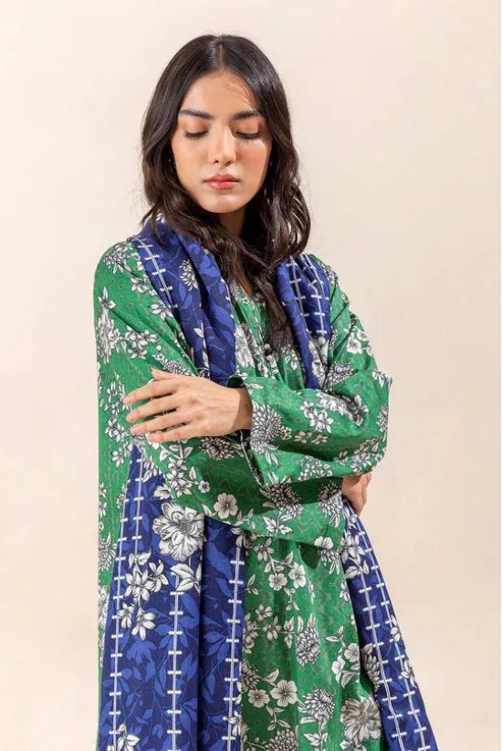 Beechtree Unstitched Shawl 23 - 3 PIECE - PRINTED COTTON SATIN SUIT WITH PRINTED SHAWL - MEADOW GREEN