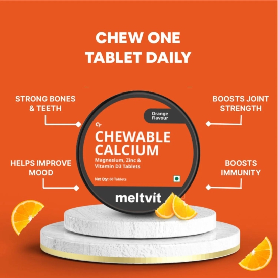 Meltvit Chewable Calcium Tablets 1000mg with Vitamin D3, Magnesium & Zinc Tablets | Water Soluble Calcium Citrate Malate 1000mg with Stabilised D3 - 60 Veg Tablets-Orange
