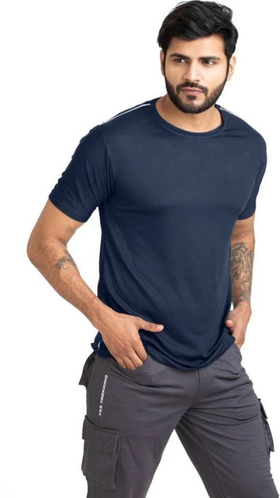 Men Solid Round Neck Polyester Blue T-Shirt