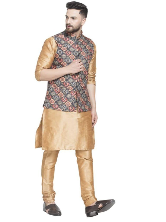 Banity Bey Men's Ethnic Wear Silk Blend Copper Kurta Pajama with Designer Ethnic Nehru Jacket/Modi Jacket/Waistcoat