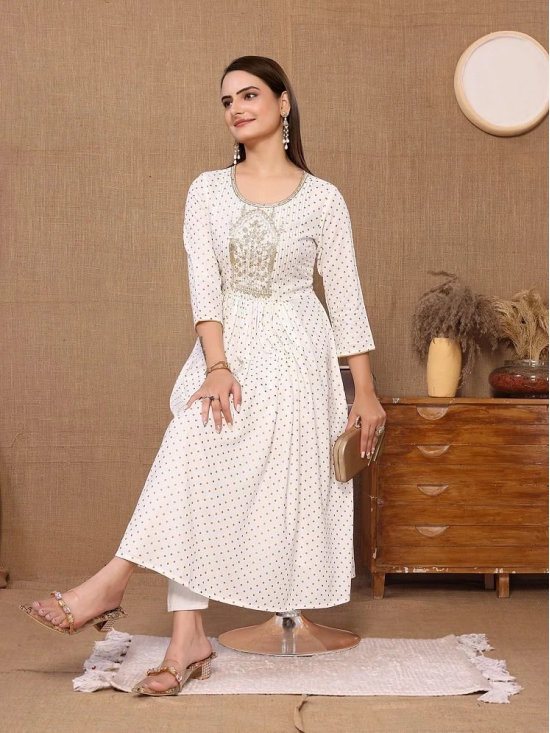 Rangita Women Rayon Off White Embroidered Calf Length Anarkali Kurti - None