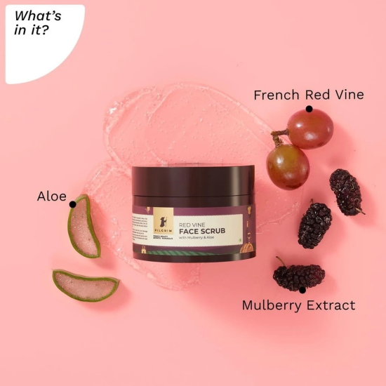 PILGRIM French Red Vine Face Scrub with Mulberry Extract & Aloe for Glowing Skin, Tan Removal, De-Pigmentation, Dry, Oily, Combination Skin, Men & Women, 50gm