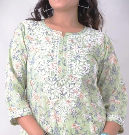 Pravia Lucknowi Chikankari Embroidery Premium Handwork Cotton Long Kurti with Pocket Pants, Flower Print, Set for Women