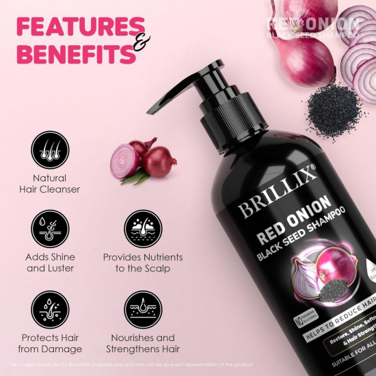 BRILLIX RED ONION BLACK SEED SHAMPOO - for Hair Fall Control, Restore Shine, Softness & hair Strength - 300 ml