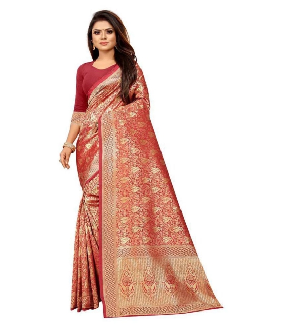 Gazal Fashions - Red Banarasi Silk Saree With Blouse Piece (Pack of 1)