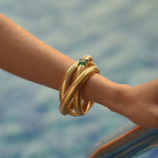 Emerald Chunky Twisted Bangle-Golden