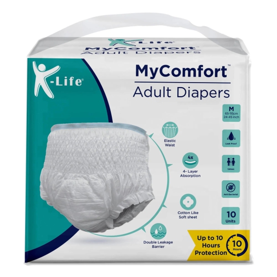 K-life Premium Anti-Bacterial 4layer Absorption Unisex Pant Style Adult Diapers | Pack of 1 | 10 Count | Medium (Waist Size 24-45 inch|65-115 cm)