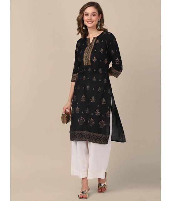 Rangita Women 100% Cotton Black Gold Printed Knee Length Straight Kurti - None