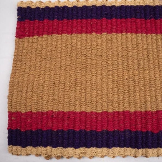 Handwoven Natural Coir Fiber Door Mat with Red and Blue Stripes