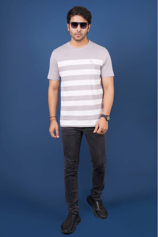 Men's Gull Grey Striped Crew Neck T-Shirt