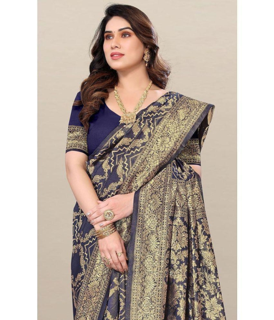 Om Shantam Sarees Banarasi Silk Embellished Saree With Blouse Piece - Navy Blue ( Pack of 1 ) - Navy Blue