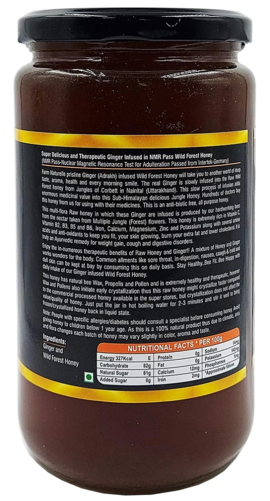 Farm Naturelle- Raw 100% Natural NMR Tested , Pass , Certified Super Delicious and Therapeutic Ginger Infused in Wild Forest Honey (1 Kg ) Glass Bottle.