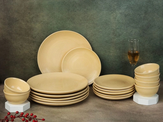 Reactive Handcrafted Premium Ceramic Dinner Set | 6 Dinner Plates, 6 Quarter Plates, and 6 Small Dinner Bowl | Stoneware | Microwave and Dishwasher Safe | Pack of 18 | Yellow Ten