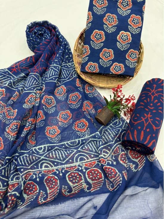 Traditional Bagru Print Cotton Suit With Chiffon Dupatta