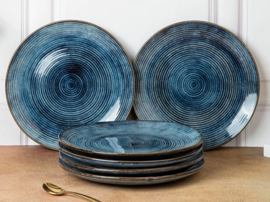 Handcrafted Reactive Glaze Ceramic Dinner Plates, 6 Pieces Serving for 6, Microwave and Dishwasher Safe, Bone-ash Free, Full Plate Set Crockery for Dining and Gifting, Reactive Blue