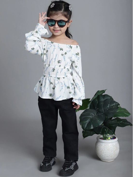 MINI & MING Girls Floral Printed Off-Shoulder Puff Sleeves Gathered Bardot Top