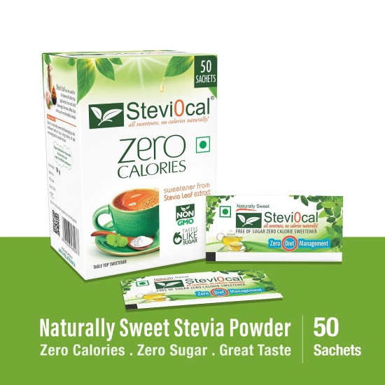 Stevi0cal Stevia Sweetener Powder in Sachets | 100% Sugar Free Natural | Zero Calorie for Weight Management, Diet, Diabetic Friendly | 50 Sachets, 1 Gram/sachet