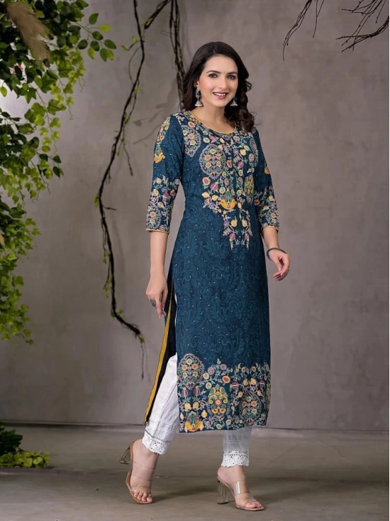 Juniper Rayon Embroidered Straight Womens Kurti - Navy Blue ( Pack of 1 ) - None