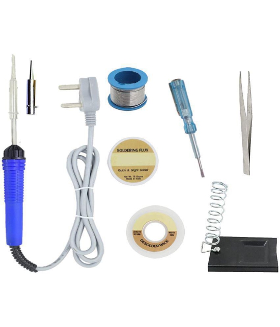 ALDECO: ( 8 in 1 ) SOLDERING IRON 25 Watt Professional Kit -Blue Iron Wire, flux, Wick, Stand, Tweezer, Tester, Bit