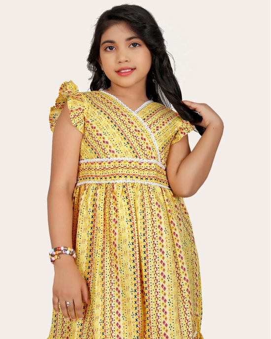 Girls Cotton Unique Design Printed Knee Length A-Line Dress-Yellow / 8 - 9 Years