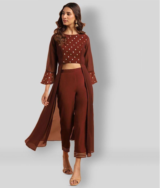 Janasya - Brown Jacket Style Georgette Women''s Stitched Salwar Suit ( Pack of 1 ) - M