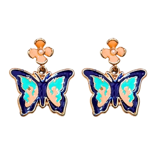 Blue Butterfly Earrings with Flower Studs