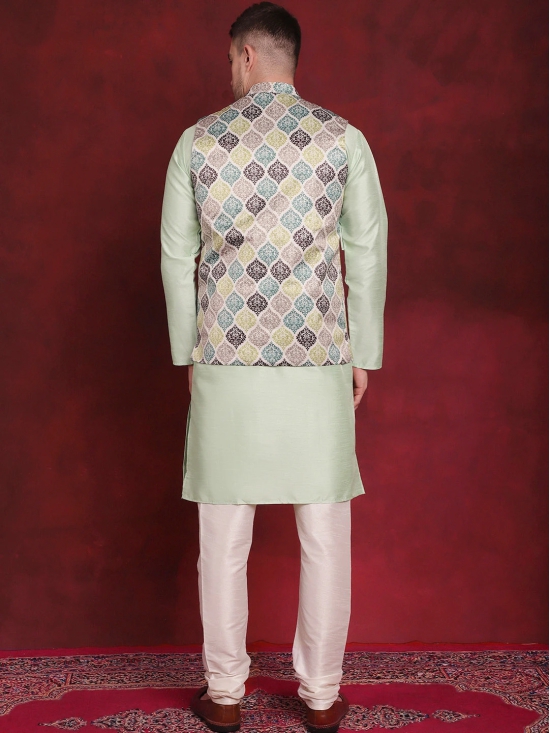 Green Floral Printed Nehru Jacket With Kurta Pyjama Set-L / Green