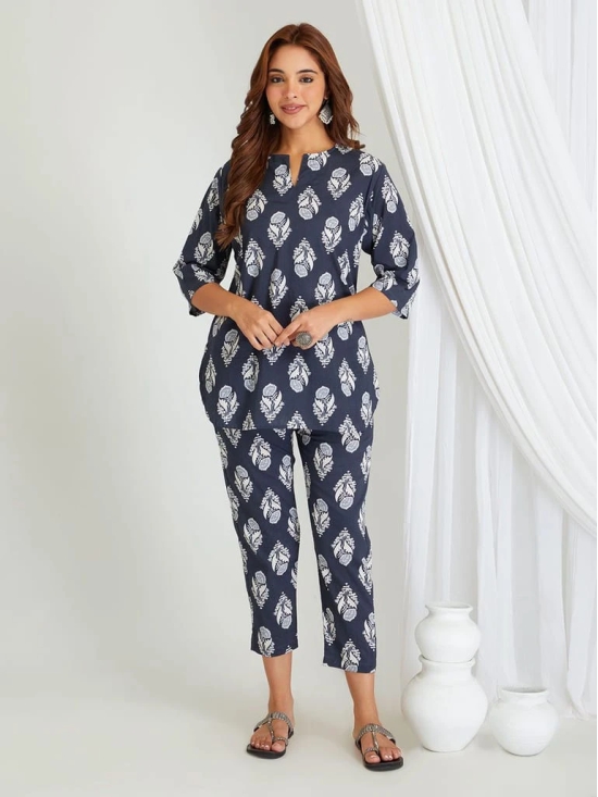 BREATHABLES Women Cotton Printed Loungewear Kurta and Pants Co-ord Set 3/4 Sleeve Round Neck Comfort Loose Fit Blue I Night Wear | Co-ord set | Lounge Wear Set