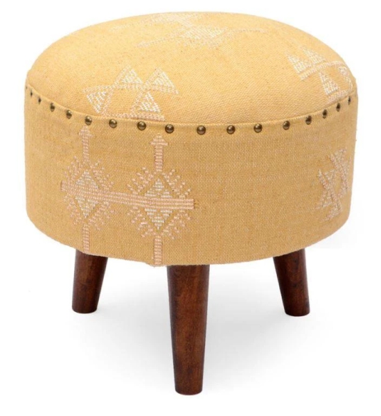 Mango Wood Foot Stool In Cotton Yellow Colour-Yellow