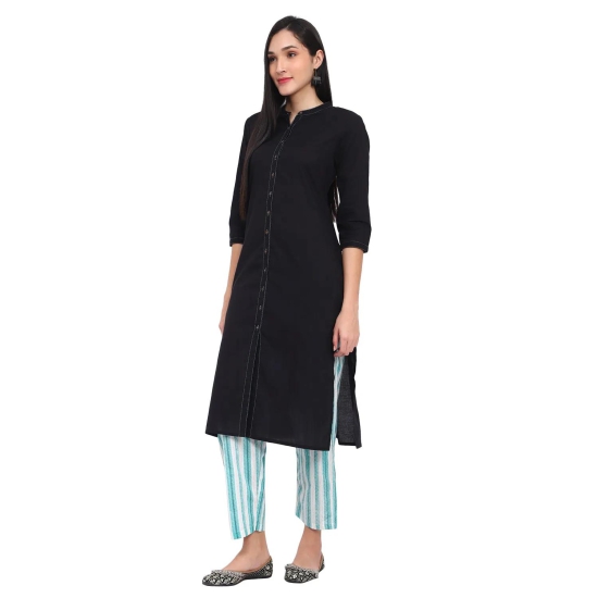 Black Cotton Kurta Blue Striped Pants Kurta-L