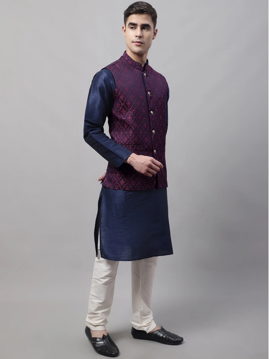 Men Navy Blue and Maroon Woven Design Waistcoats-S / Maroon