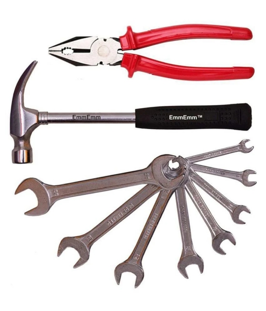 EmmEmm Premium Combo of Claw Hammer, Combination Plier & 8 Pcs Open Ended Spanner Set