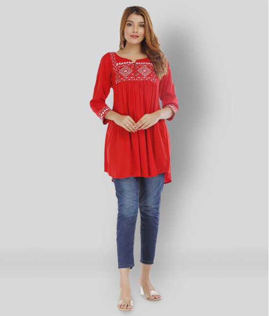 HIGHLIGHT FASHION EXPORT - Red Rayon Women''s Asymmetrical Kurti ( Pack of 1 ) - XXL