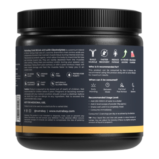 Nutrabay Gold BCAA 4:1:1 with Electrolytes - 7g Vegan BCAAs, 1000 mg Electrolytes - Intra/Post Workout Energy Drink - 300g Watermelon